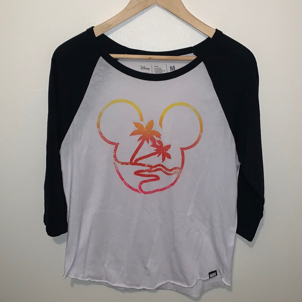 Disney Neff Baseball Raglan Tee Womens M White Black Mickey Tropical Y2K